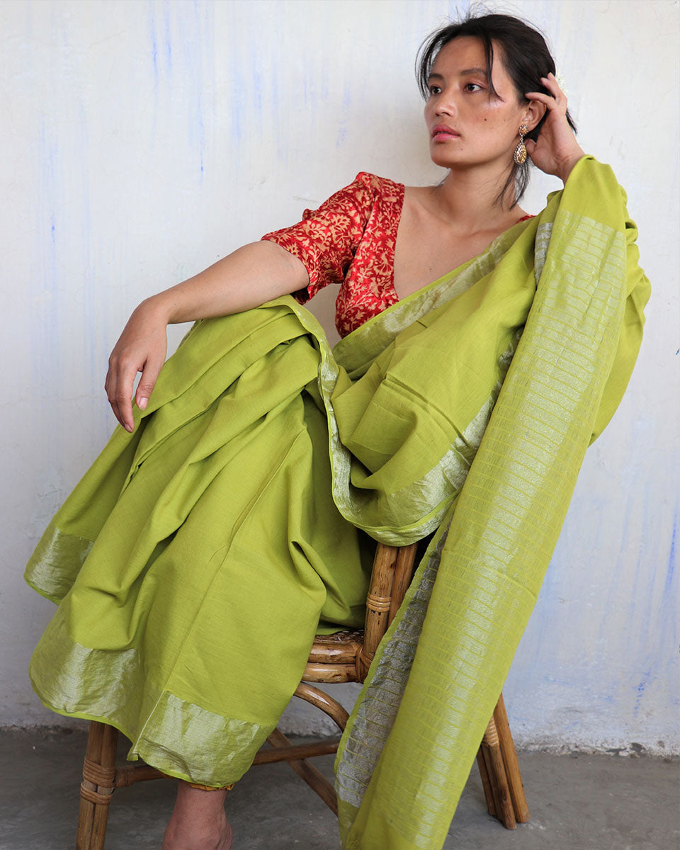 Chidiyaa Parrot Green Handwoven Cotton Zari Saree Sahar with Unstitched Blouse
