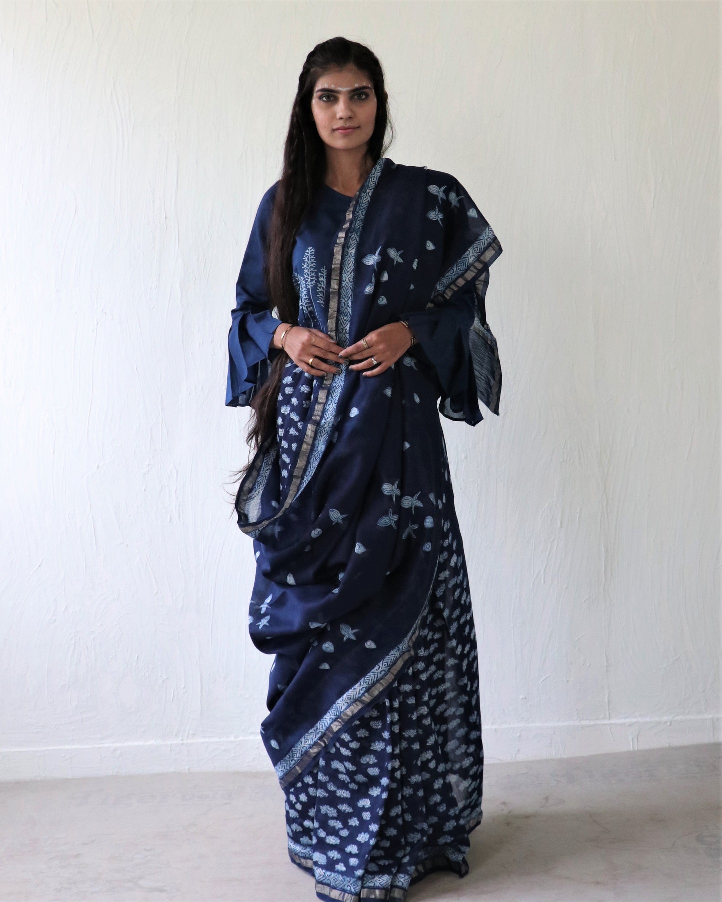 Chidiyaa Indigo Block Printed Chanderi Saree with Unstitched Blouse - Ubs