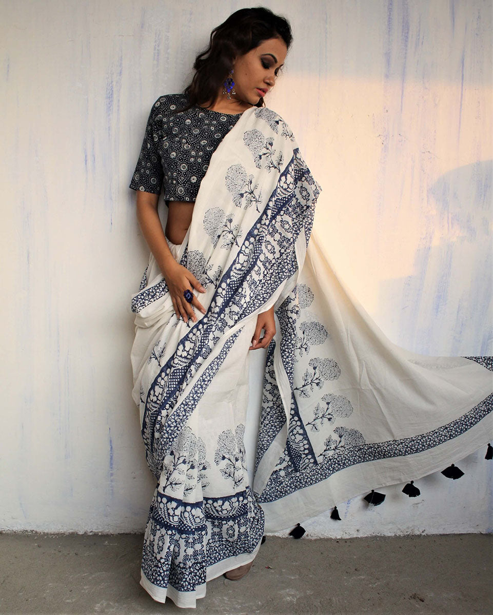 Chidiyaa Ivory Blue Block Printed Cotton Mul Saree with Unstitched Blouse