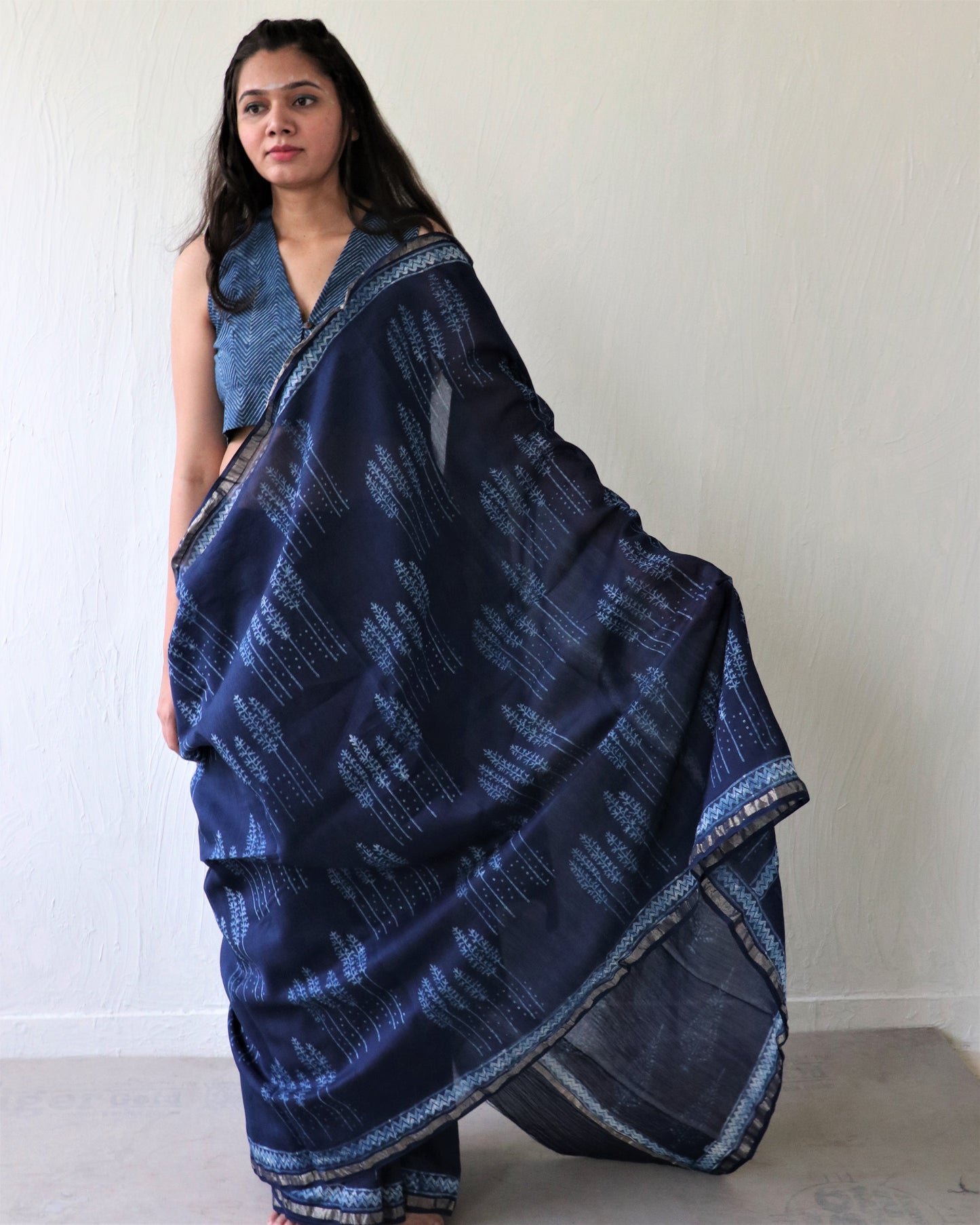 Chidiyaa Indigo Conifer Block Printed Chanderi Saree with Unstitched Blouse - Ubs