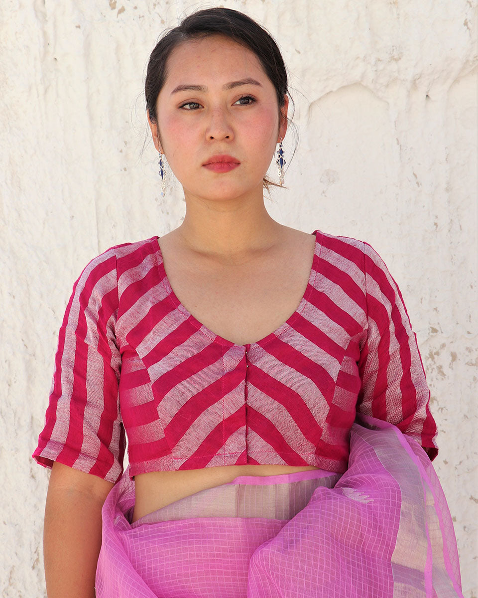 Chidiyaa Pink Handwoven Linen Zari Stitched Blouse