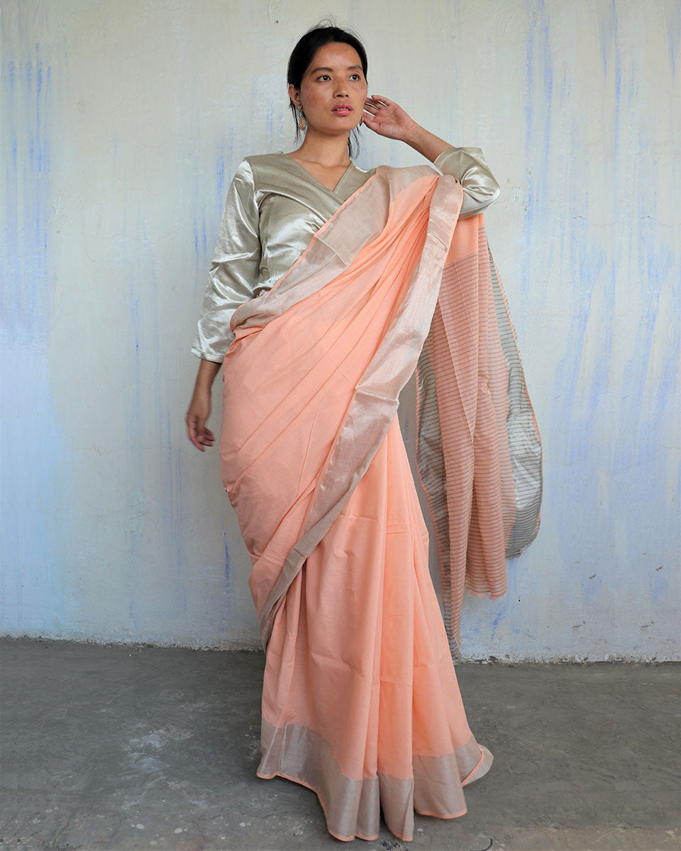 Chidiyaa Peach Handwoven Cotton Zari Saree Sahar with Unstitched Blouse
