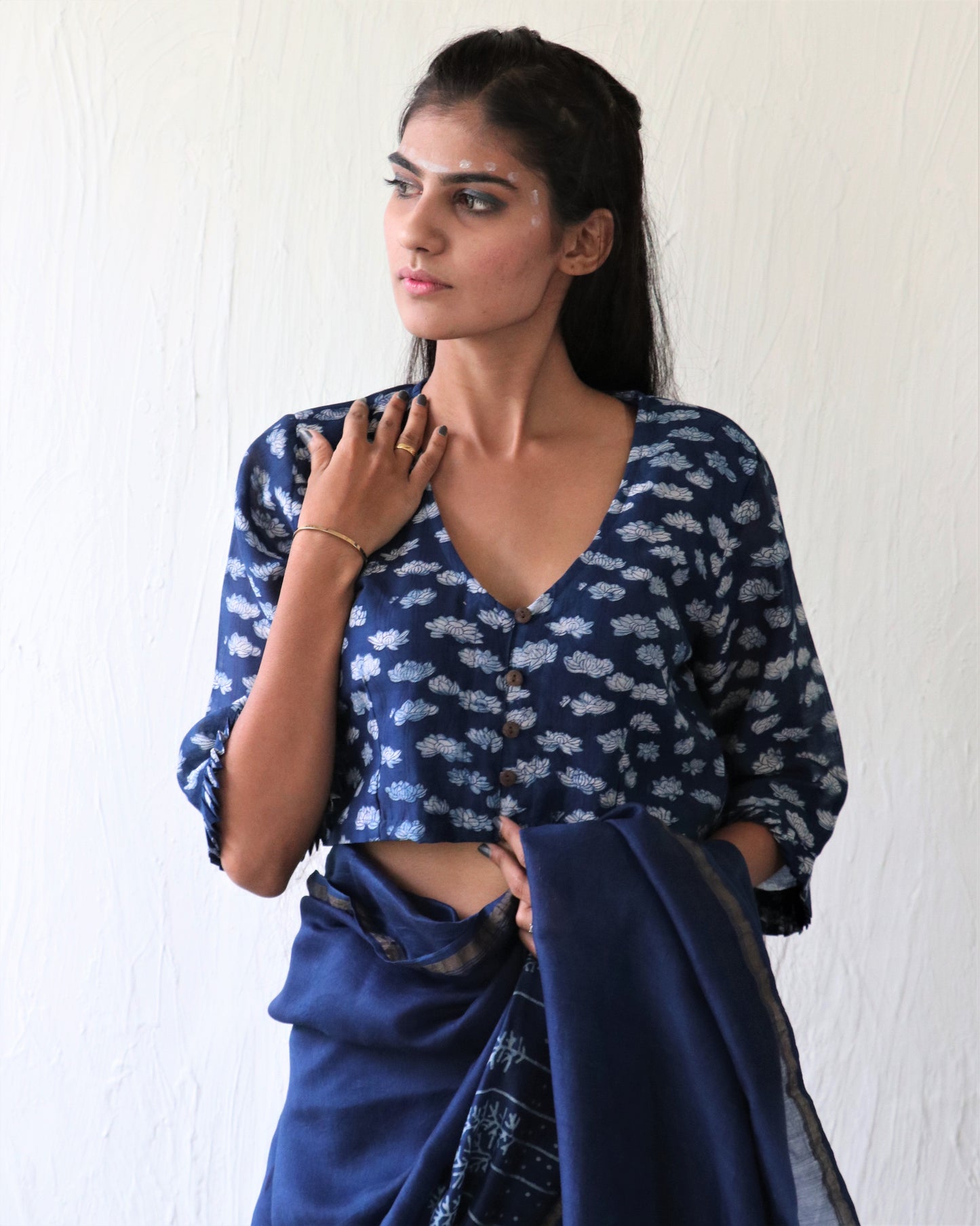 Chidiyaa Indigo Lotus Block Printed Chanderi Frill Blouse - Ubs