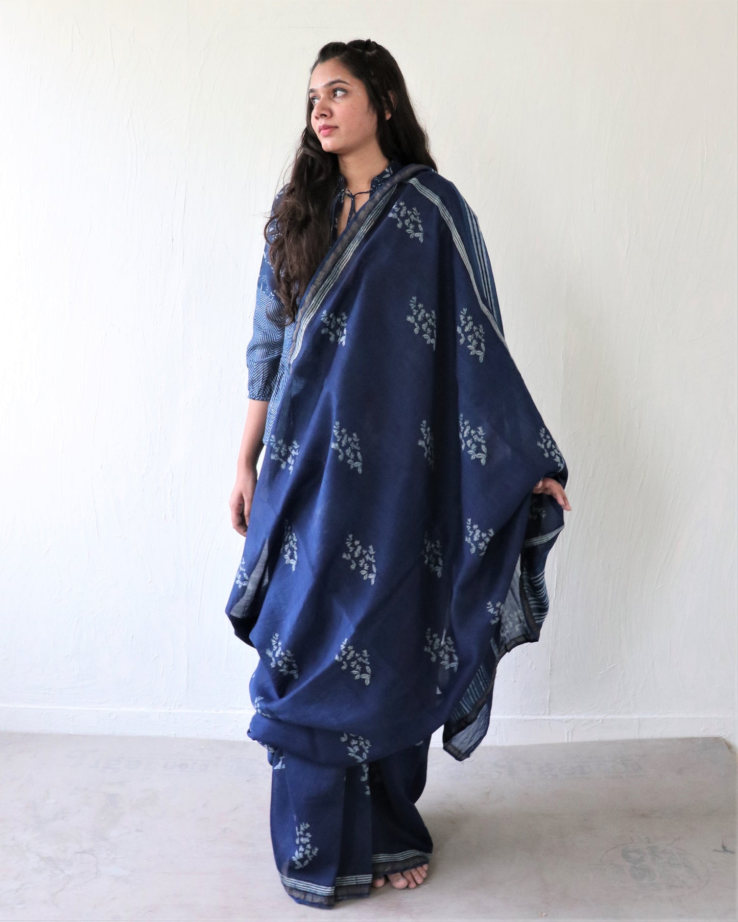 Chidiyaa Indigo Petal Block Printed Chanderi Saree with Unstitched Blouse - Ubs