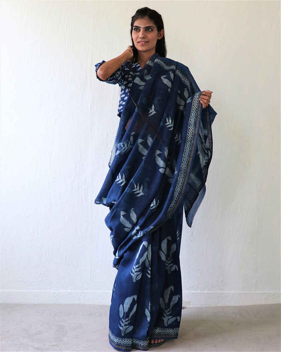 Chidiyaa Indigo Leaf Block Printed Chanderi Saree with Unstitched Blouse - Ubs