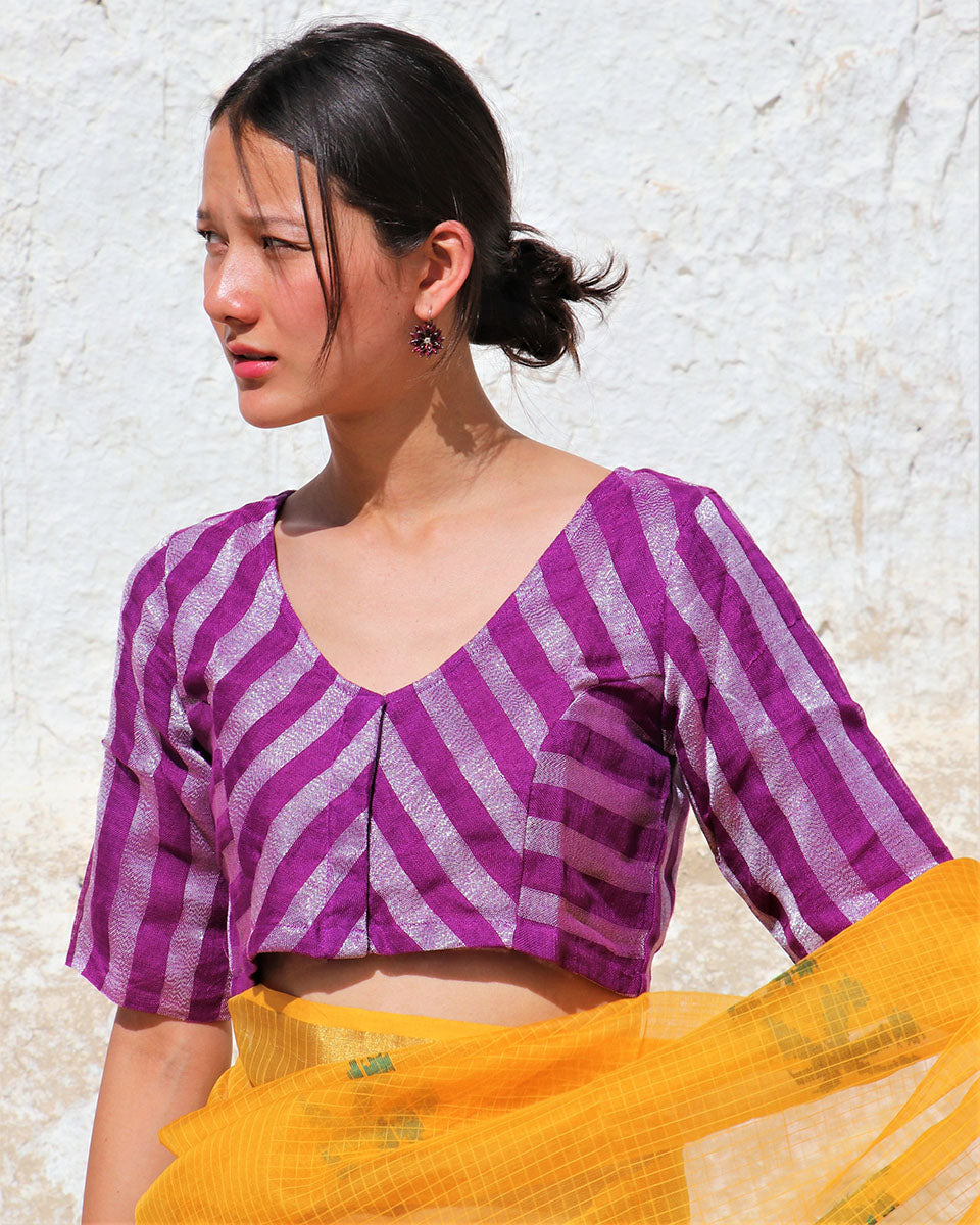 Chidiyaa Aubergine Handwoven Linen Zari Stitched Blouse