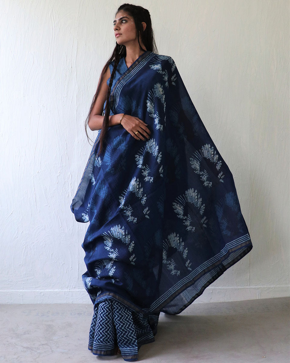 Chidiyaa Indigo Feather Block Printed Chanderi Saree with Unstitched Blouse - Ubs