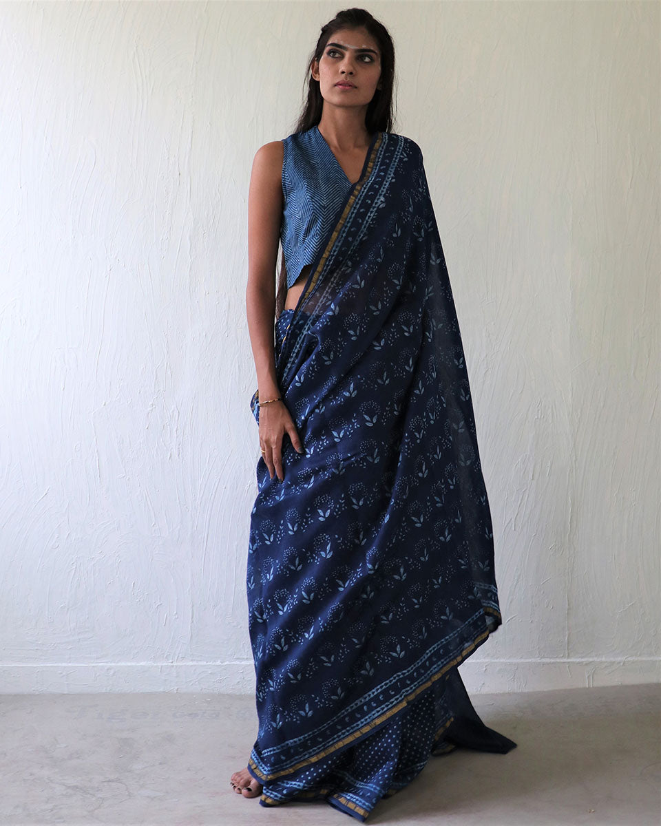 Chidiyaa Indigo Foliage Block Printed Chanderi Saree with Unstitched Blouse - Ubs