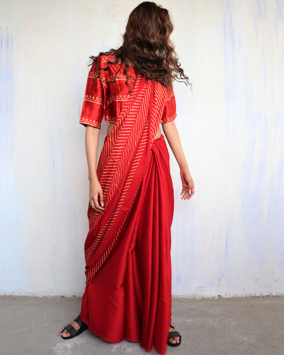 Chidiyaa Red Modal Silk Saree with Unstitched Blouse