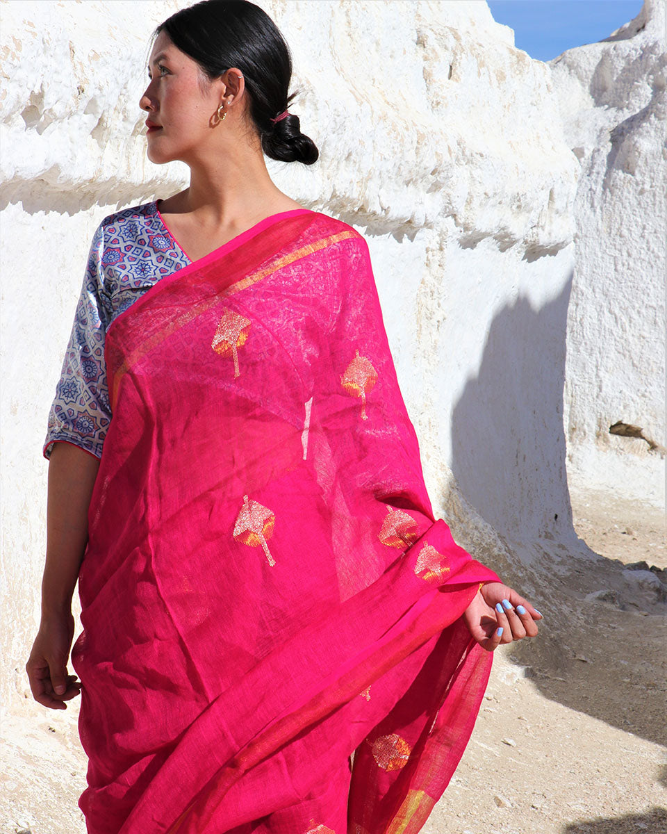 Chidiyaa Rani Pink Handwoven Linen Jamdani Saree Lagn