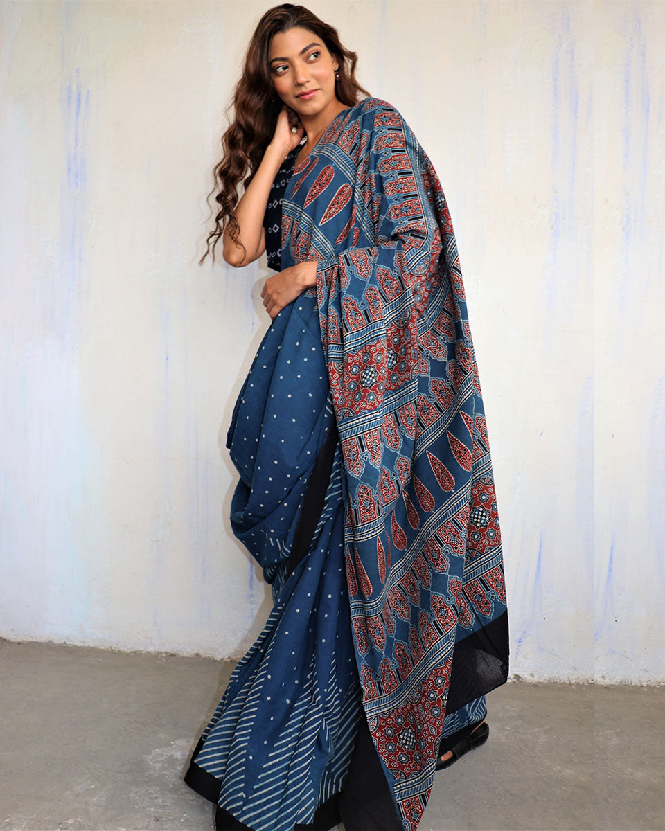Chidiyaa Indigo Jarak Natural Dye Saree with Unstitched Blouse