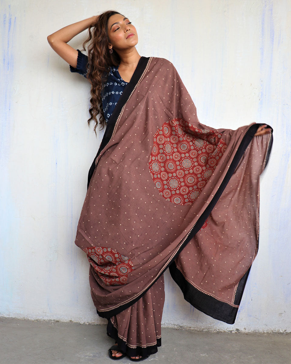 Chidiyaa Brown Jarak Natural Dye Saree with Unstitched Blouse