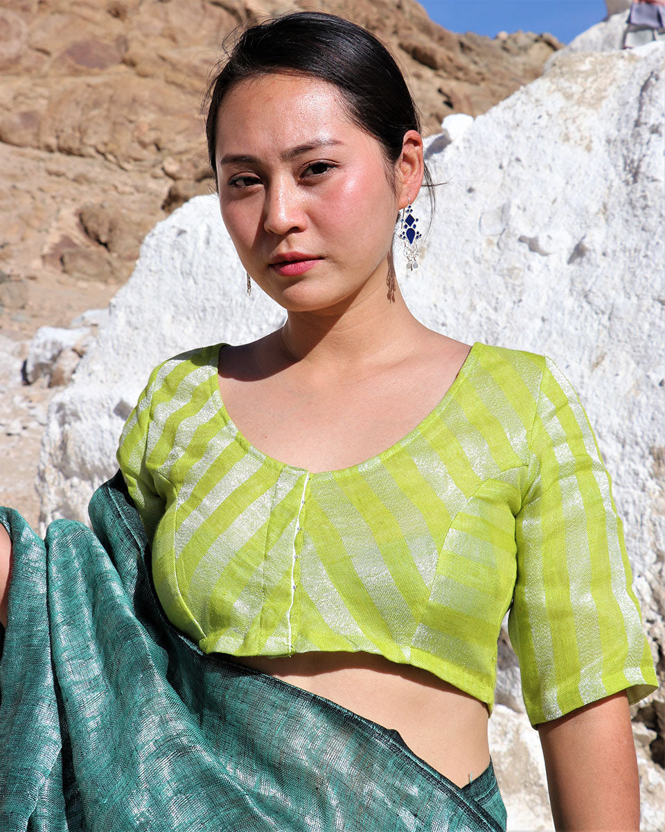 Chidiyaa Parrot Green Handwoven Linen Zari Blouse Samah