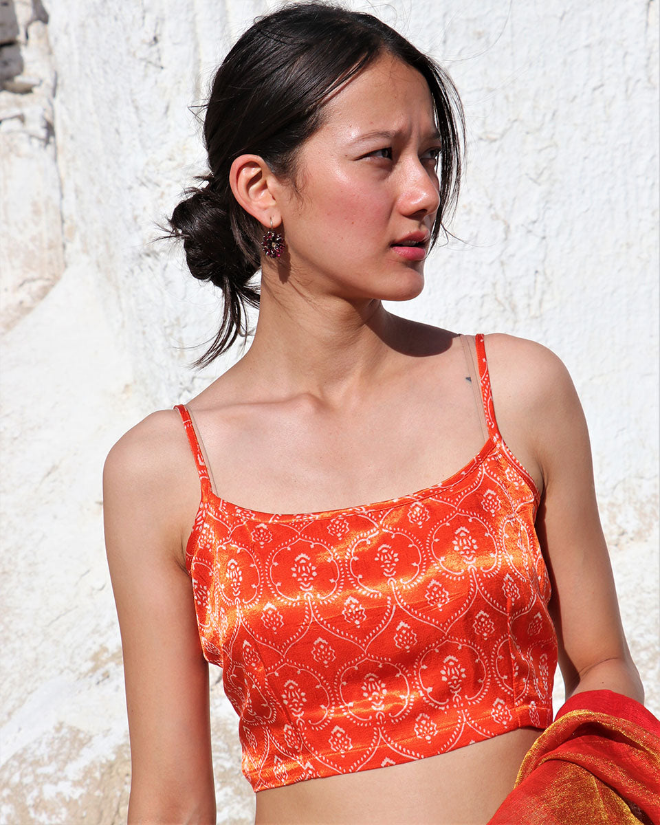 Chidiyaa Orange Block Printed Mashru Silk Blouse Lagn