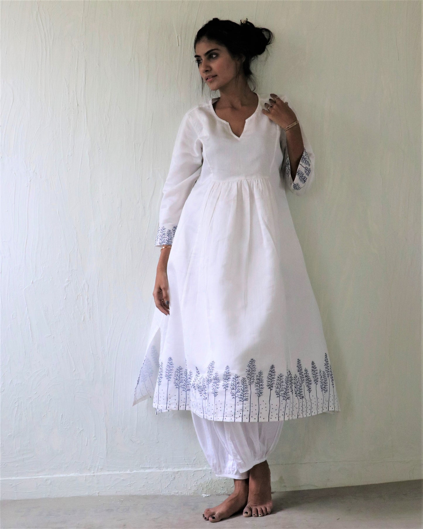 Chidiyaa White Conifer Block Printed Chanderi Kurta - Ubs (Set of 2)