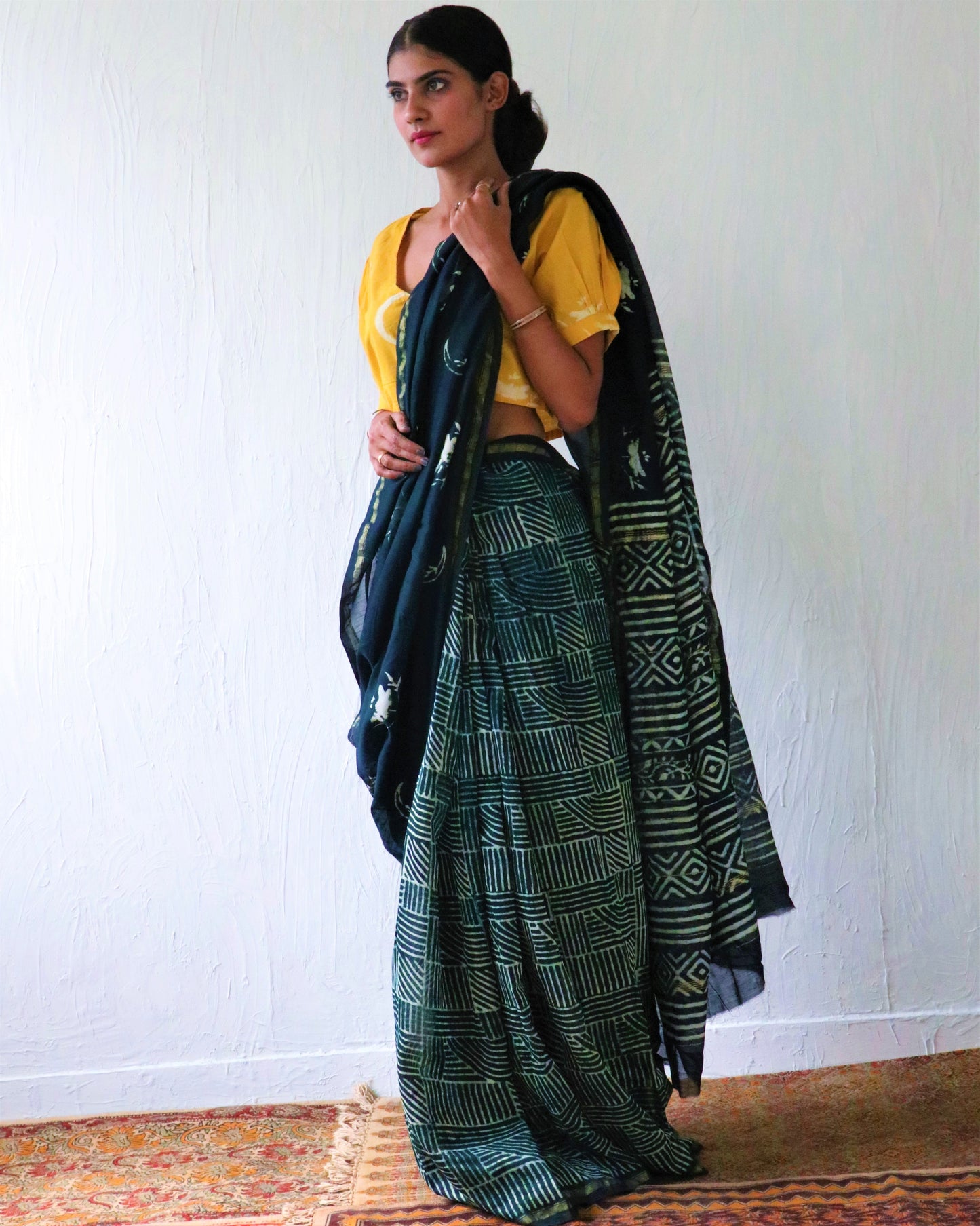 Chidiyaa Forest Green Chand Block Printed Chanderi Saree with Unstitched Blouse - Soe