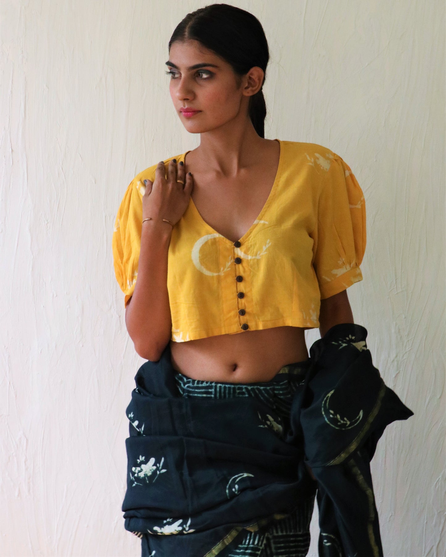 Chidiyaa Sunrise Yellow Moon Block Printed Cotton Blouse - Soe