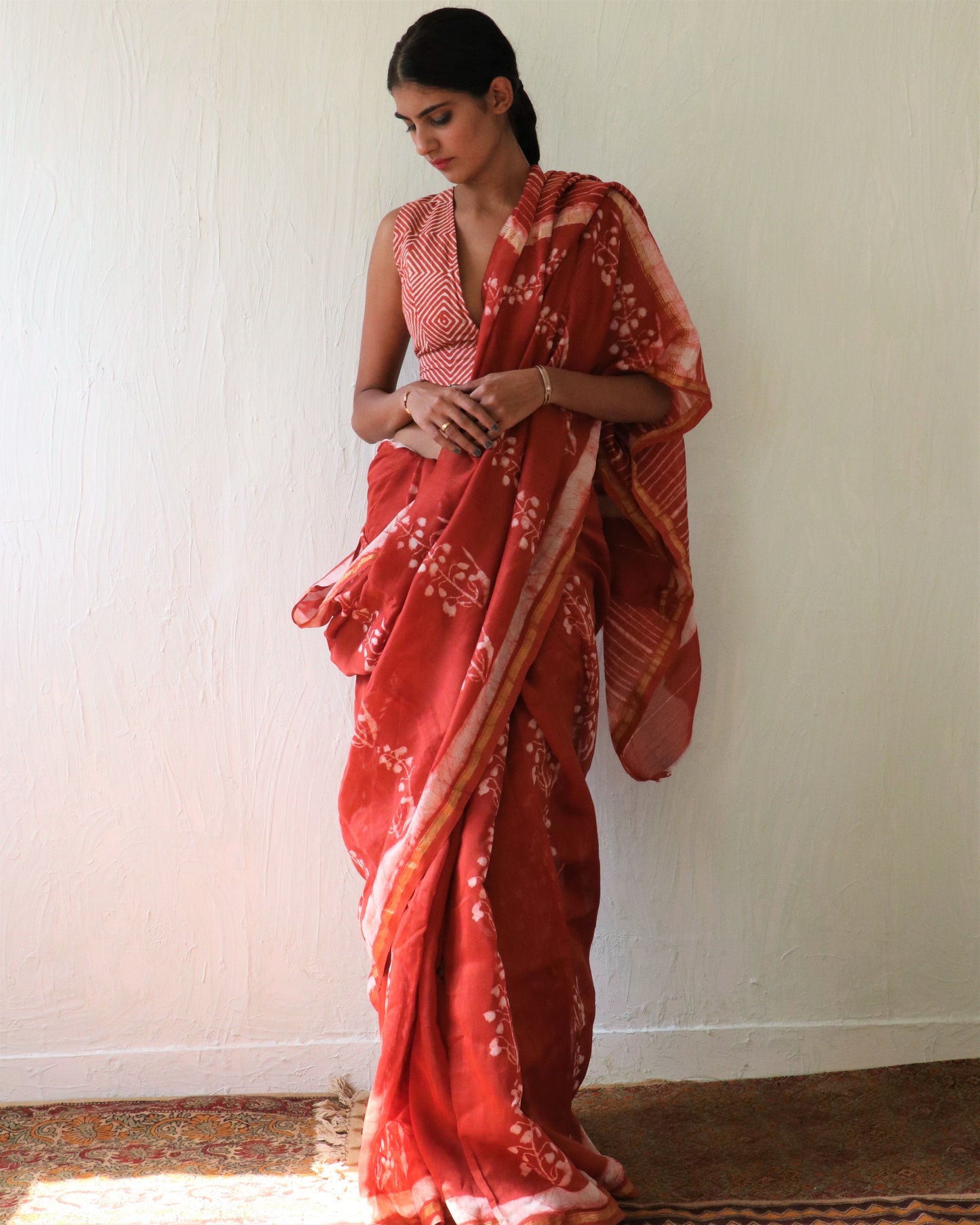 Chidiyaa Brick Red Blossom Block Printed Chanderi Saree with Unstitched Blouse - Soe