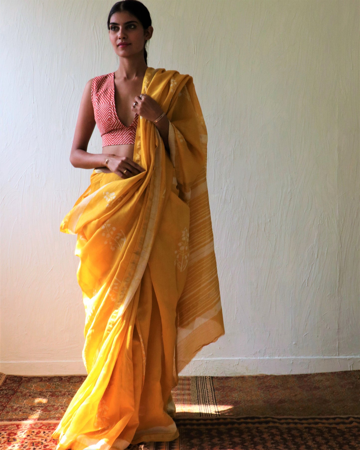Chidiyaa Sunrise Yellow Bloom Block Printed Chanderi Saree with Unstitched Blouse - Soe
