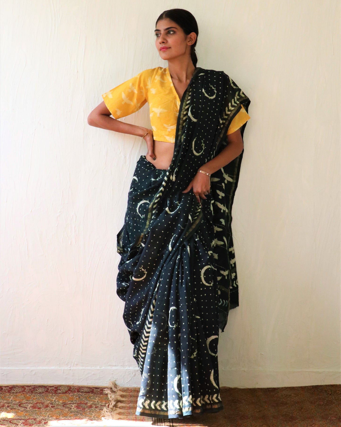 Chidiyaa Forest Green Moon Block Printed Chanderi Saree with Unstitched Blouse - Soe