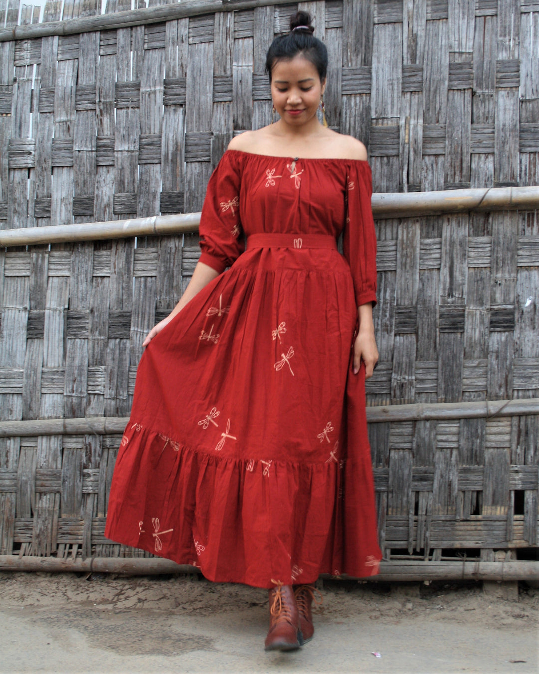 Chidiyaa Red Dragonfly Block Printed Off Shoulder Cotton Dress