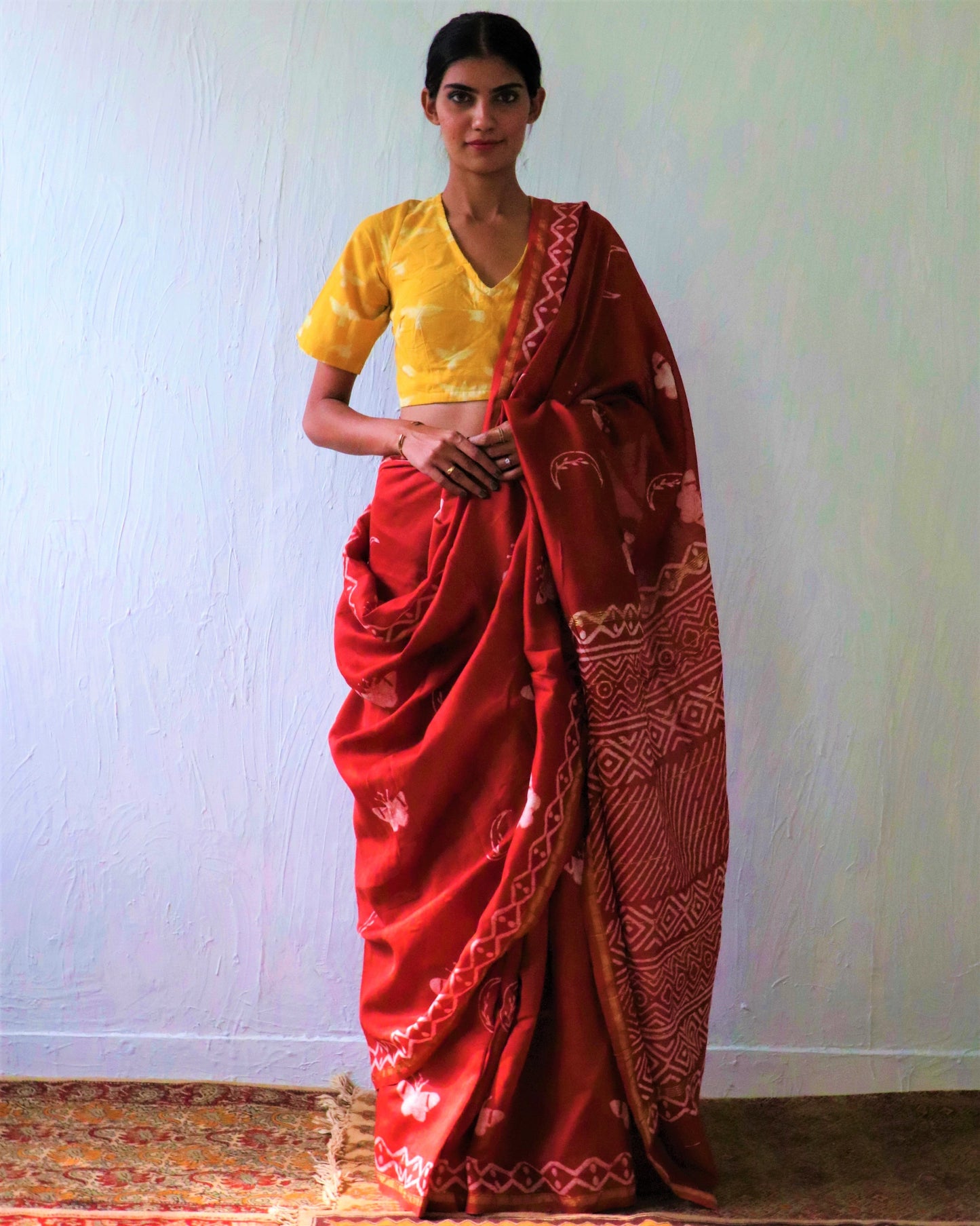 Chidiyaa Brick Red Butterfly Moon Block Printed Chanderi Saree with Unstitched Blouse - Soe