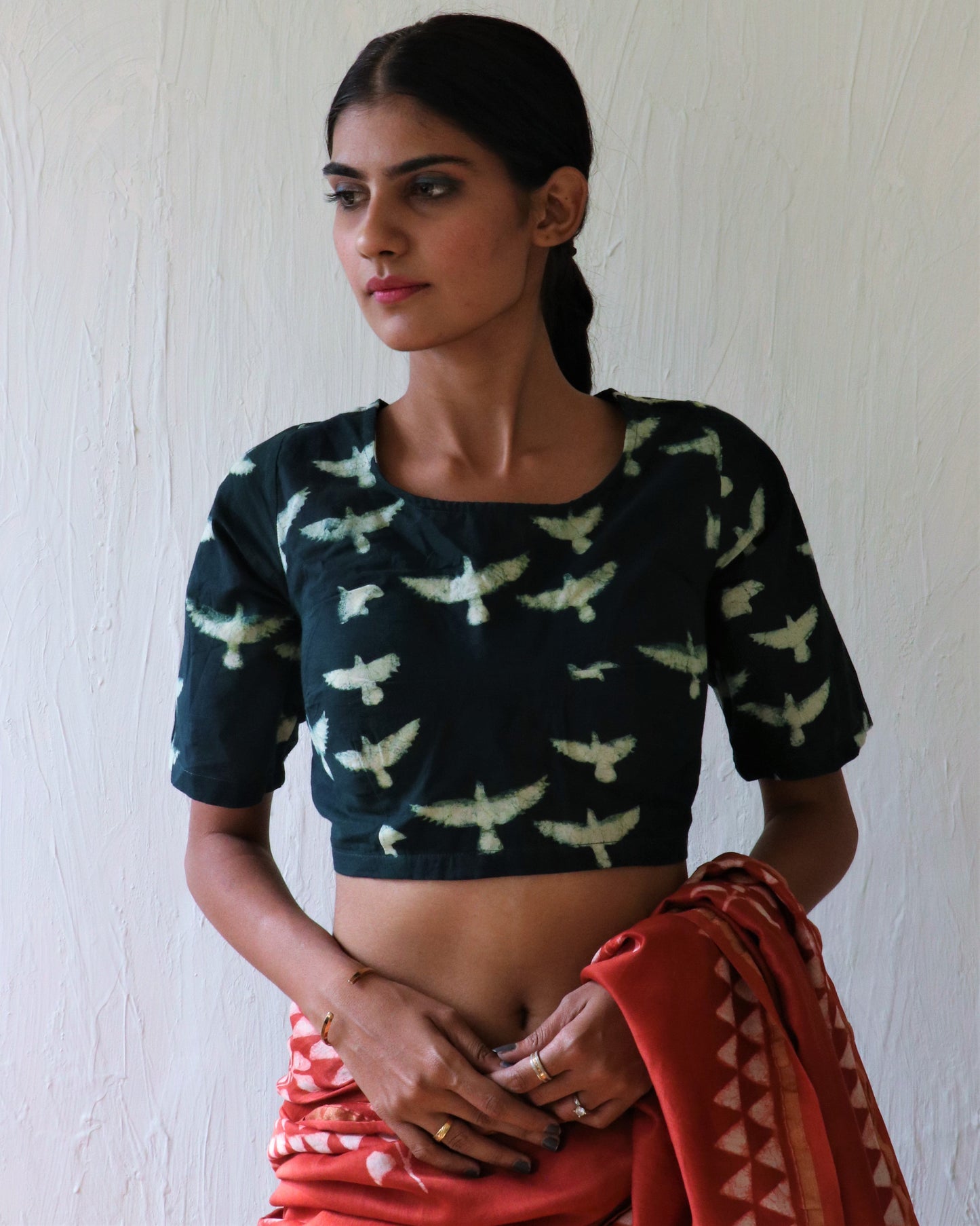 Chidiyaa Forest Green Bird Block Printed Cotton Blouse - Soe