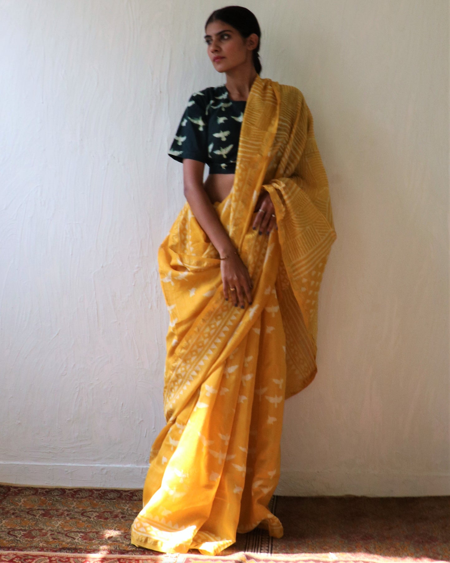 Chidiyaa Sunrise Yellow Bird Block Printed Chanderi Saree with Unstitched Blouse - Soe