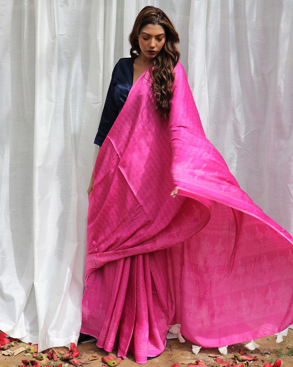 Chidiyaa Pink Modal Silk Saree with Unstitched Blouse