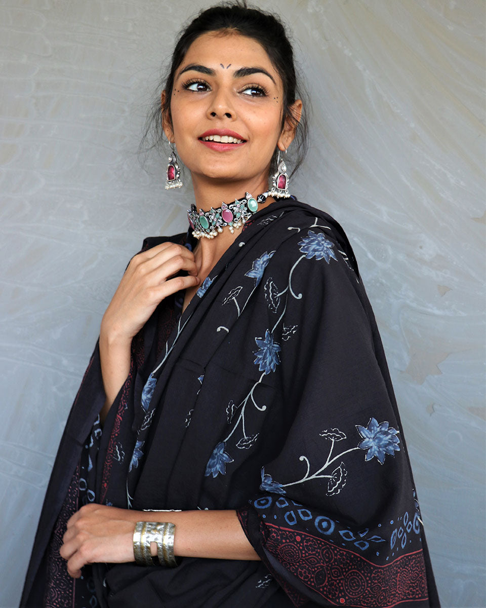 Chidiyaa Enchanted Black Hand Printed Pure Cotton Dupatta