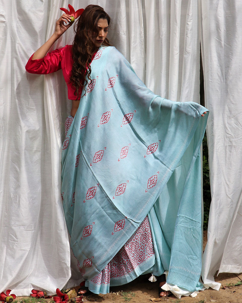 Chidiyaa Blue Modal Silk Saree with Unstitched Blouse