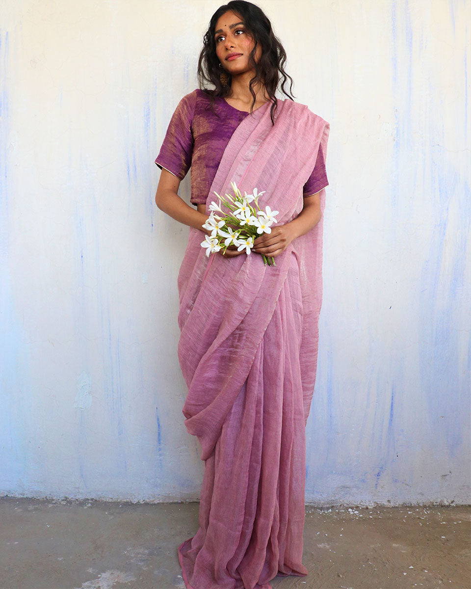 Chidiyaa Purple Linen Saree with Unstitched Blouse