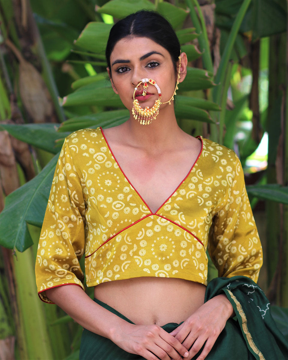 Chidiyaa Mustard Block Printed Mashu Silk Stitched Blouse