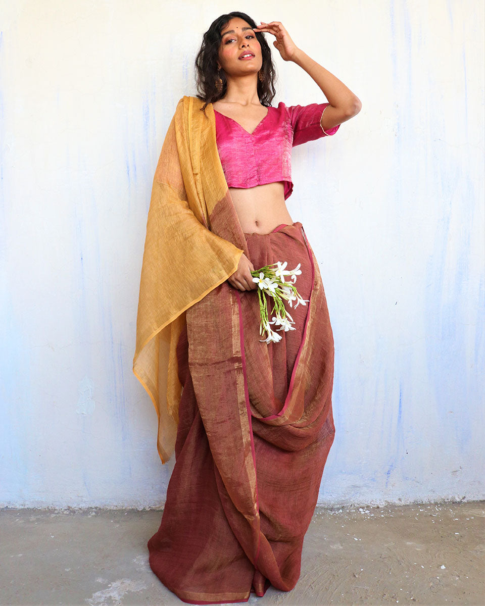 Chidiyaa Rust Linen Saree with Unstitched Blouse