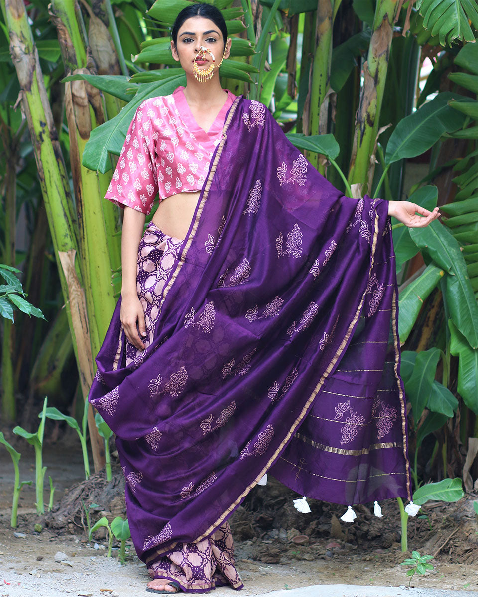 Chidiyaa Amavas Purple Block Printed Chandaria Saree with Unstitched Blouse