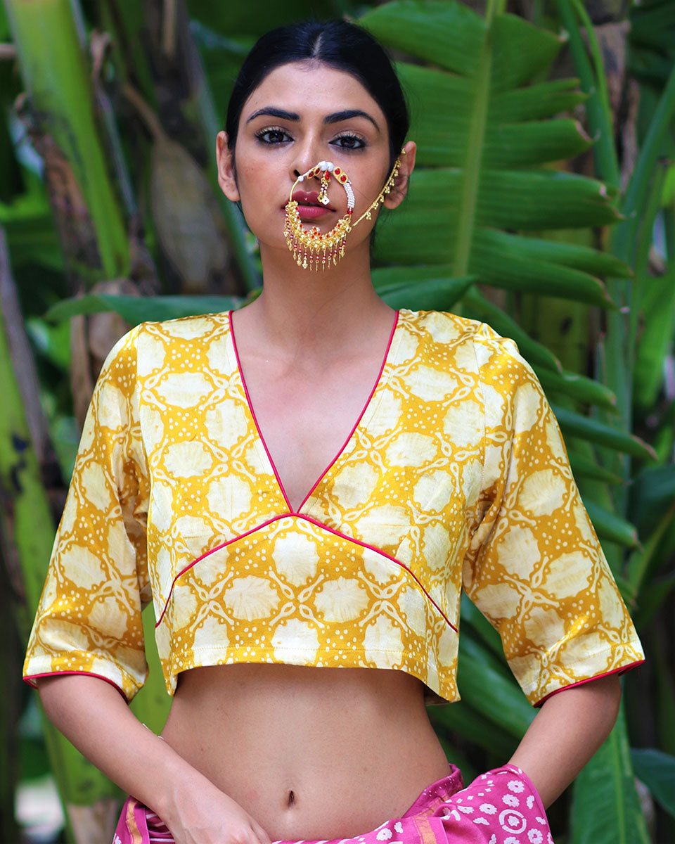 Chidiyaa Yellow Block Printed Mashu Silk Stitched Blouse