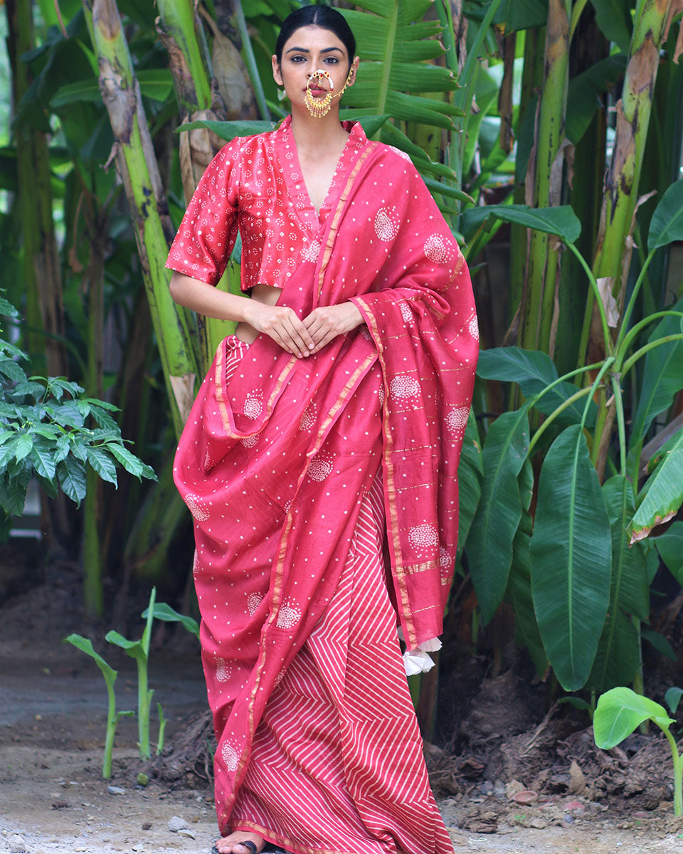 Chidiyaa Purnima Pink Block Printed Chandaria Saree with Unstitched Blouse