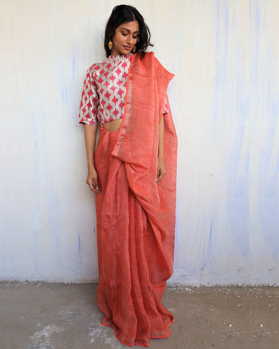 Chidiyaa Coral Linen Saree with Unstitched Blouse