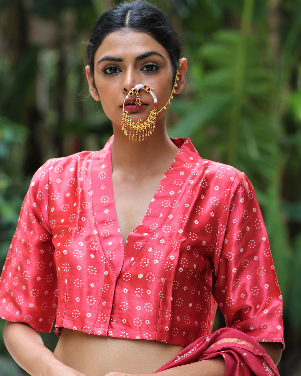 Chidiyaa Red Shawl Collar Mashu Silk Stitched Blouse