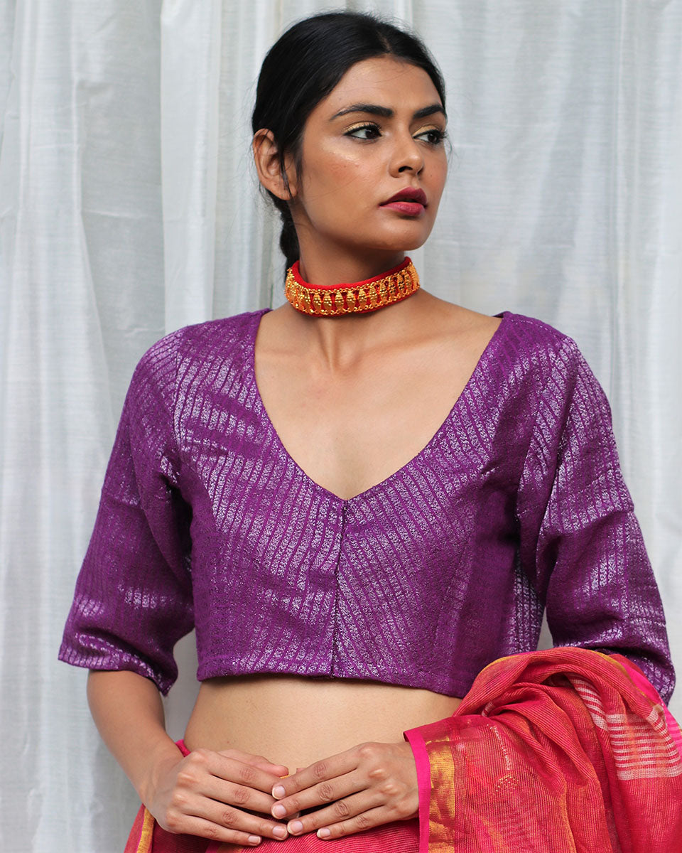 Chidiyaa Aubergine Handwoven Linen Zari Stitched Blouse