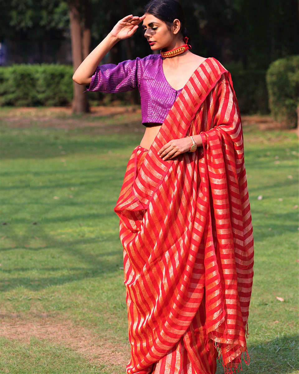 Chidiyaa Gul Mohar Red Striped Handwoven Linen Saree with Unstitched Blouse