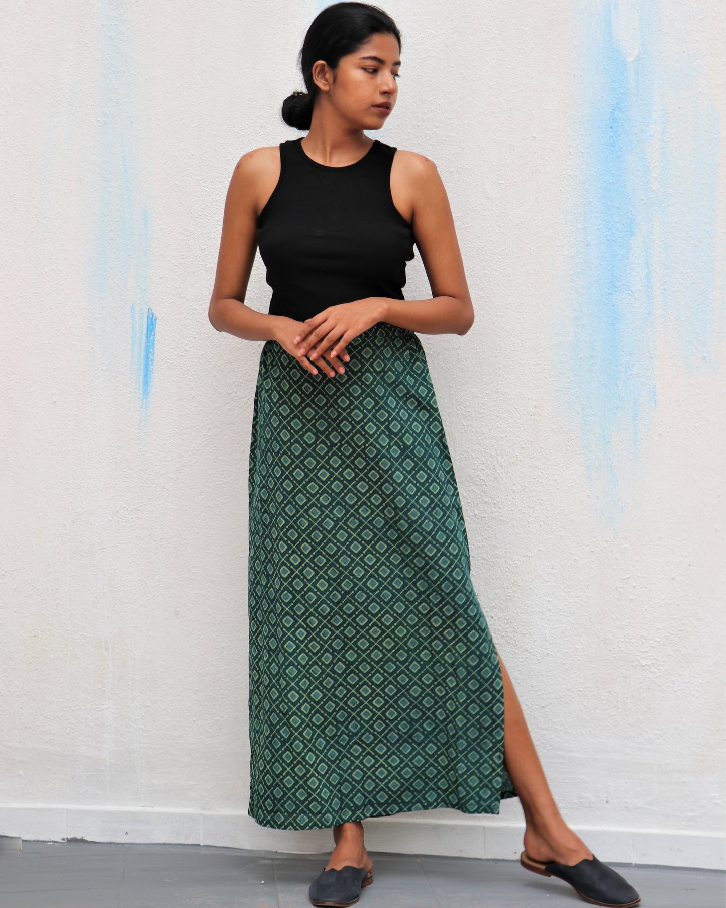 Chidiyaa Green Diamond Block Printed Cotton Slit Skirt