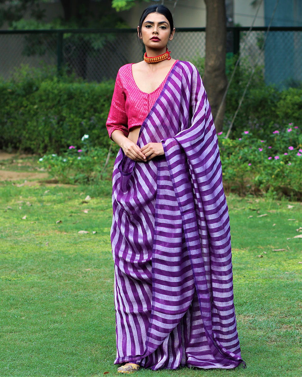 Chidiyaa Aparajita Purple Striped Handwoven Linen Saree with Unstitched Blouse