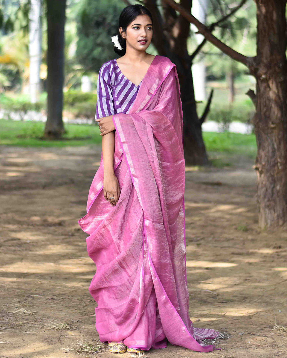 Chidiyaa Mauve Handwoven Linen Zari Saree 1