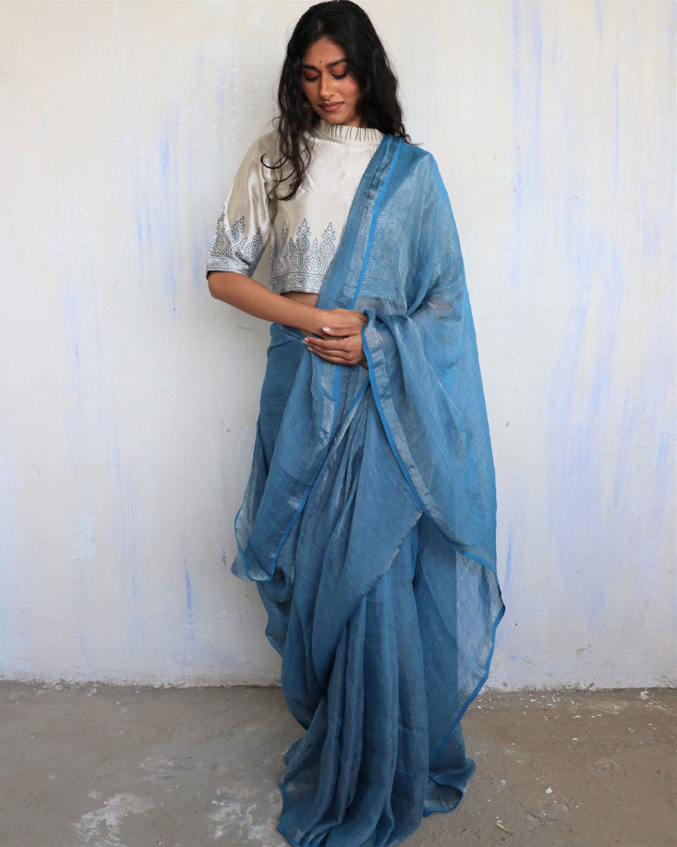 Chidiyaa Blue Linen Saree with Unstitched Blouse