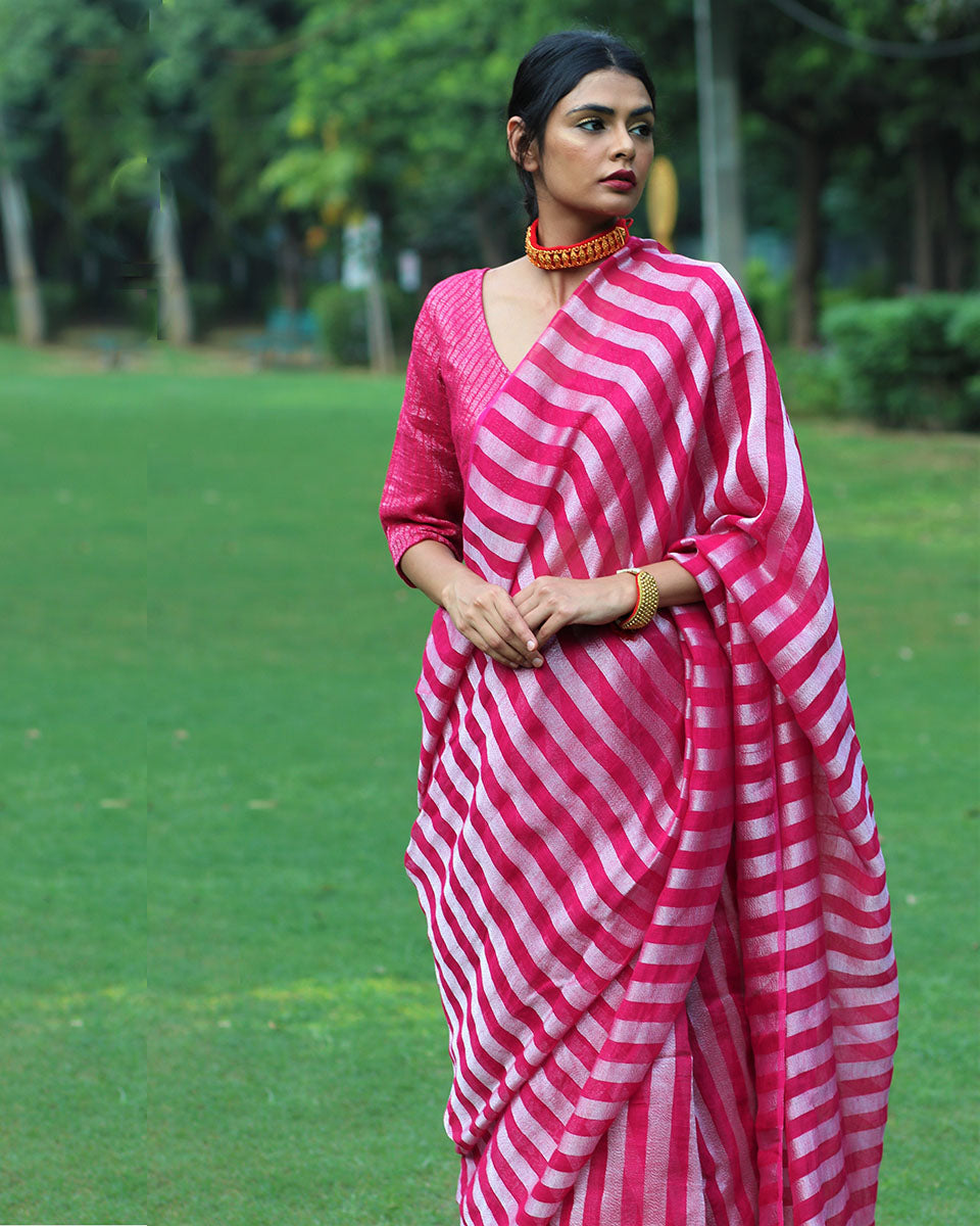 Chidiyaa Hibiscus Red Striped Handwoven Linen Saree with Unstitched Blouse