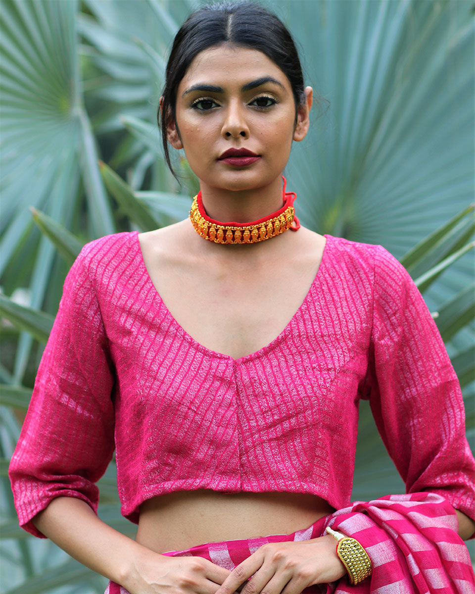 Chidiyaa Striking Pink Handwoven Linen Zari Stitched Blouse