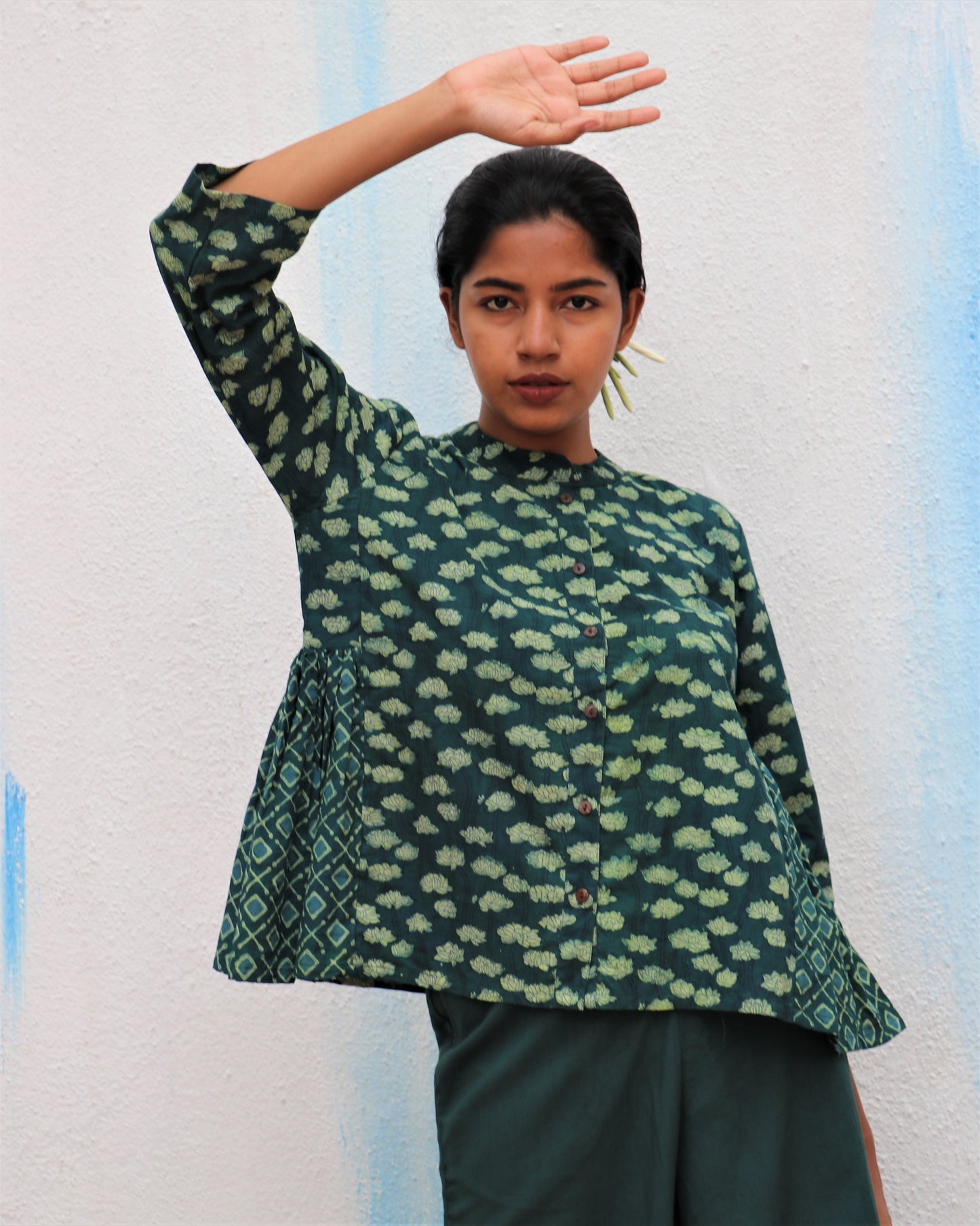 Chidiyaa Green Flower Block Printed Cotton Shirt