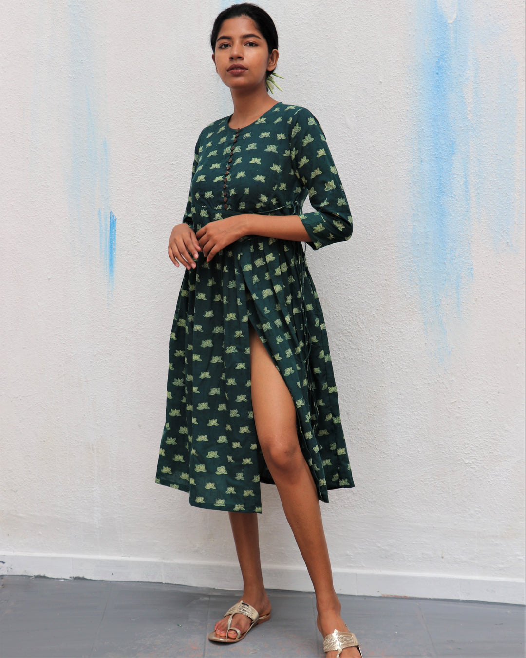 Chidiyaa Green Blossom Block Printed Cotton Slit Dress