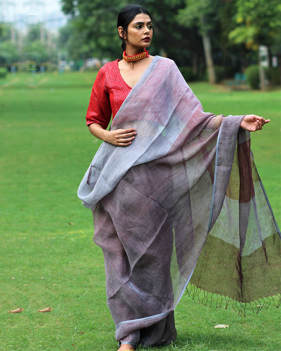 Chidiyaa Black Grey Handwoven Linen Saree with Unstitched Blouse